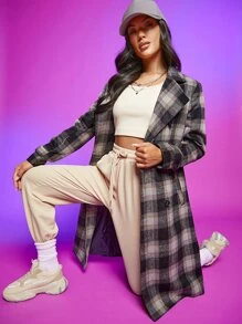 SHEIN EZwear 格紋印花雙排釦花呢外套 - 彩色 - 查看 5