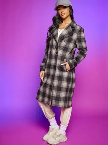 SHEIN EZwear 格紋印花雙排釦花呢外套 - 彩色 - 查看 4