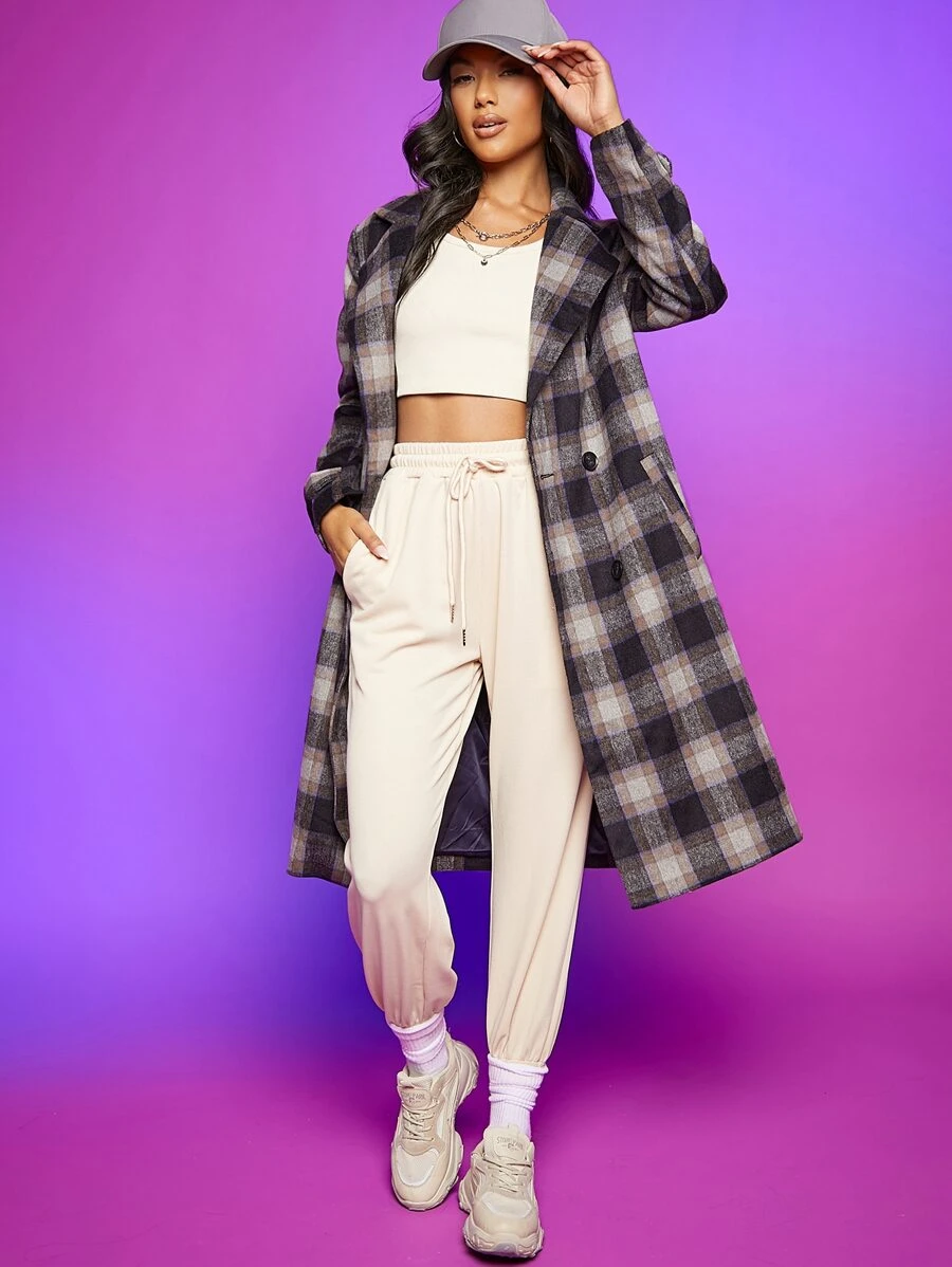 SHEIN EZwear 格紋印花雙排釦花呢外套 - 彩色 - 查看 1