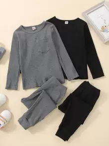 SHEIN Toddler Boys 2pcs Solid Ribbed Tee & 2pcs Joggers