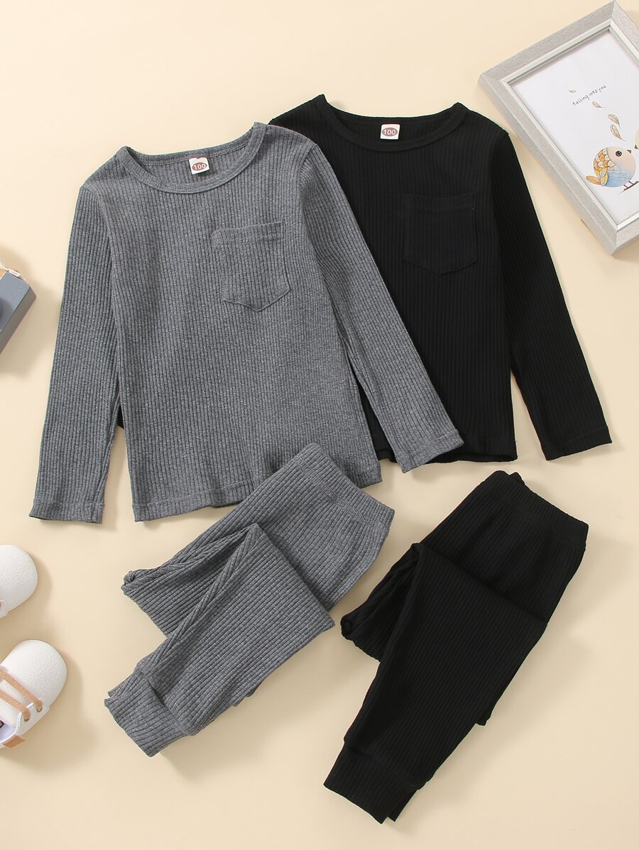 SHEIN Toddler Boys 2pcs Solid Ribbed Tee & 2pcs Joggers