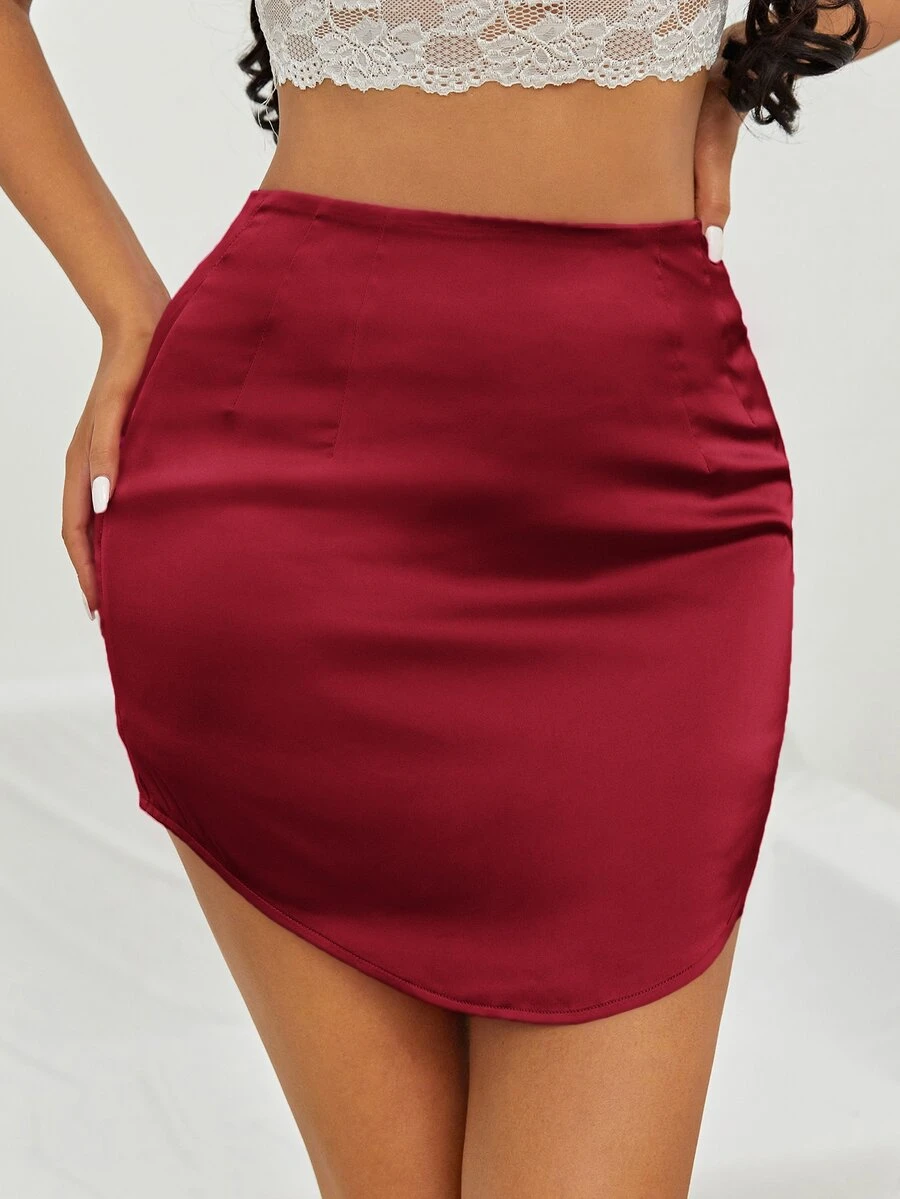 SHEIN Zipper High Low Satin Skirt - Burgundy - View 1