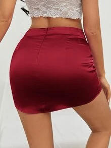 SHEIN Zipper High Low Satin Skirt - Burgundy - View 2