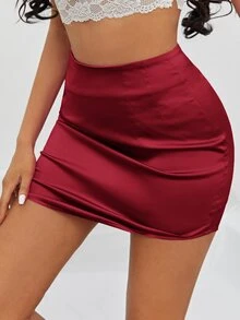 SHEIN Zipper High Low Satin Skirt - Burgundy - View 3