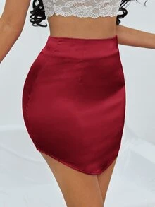 SHEIN Zipper High Low Satin Skirt - Burgundy - View 5