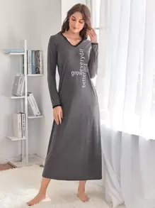 SHEIN Unity Contrast Lace Trim Slogan Graphic Nightdress, Fall - Grey - View 1