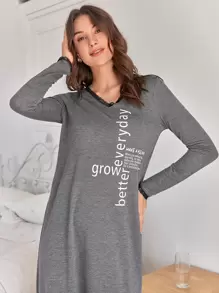 SHEIN Unity Contrast Lace Trim Slogan Graphic Nightdress, Fall - Grey - View 3
