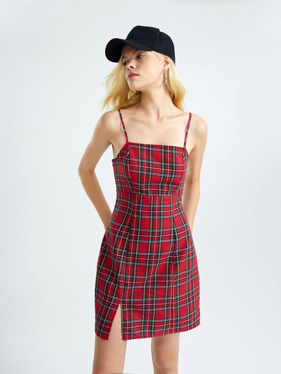 SHEIN Tartan Slit Hem Cami Dress - Multicolor - View 1