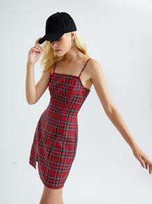 SHEIN Tartan Slit Hem Cami Dress - Multicolor - View 4