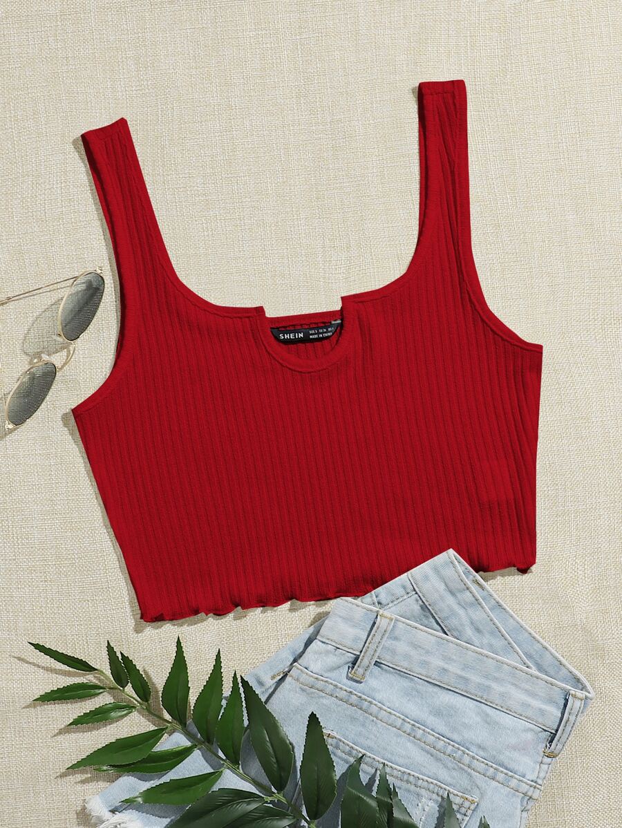 SHEIN EZwear Áo hai dây Xù nhỏ Gân đan màu trơn Giải trí - Đỏ - Xem 1