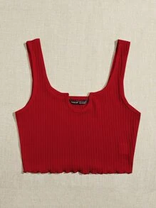 SHEIN EZwear Áo hai dây Xù nhỏ Gân đan màu trơn Giải trí - Đỏ - Xem 3