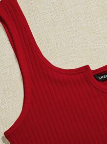 SHEIN EZwear Áo hai dây Xù nhỏ Gân đan màu trơn Giải trí - Đỏ - Xem 5