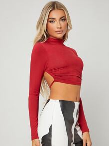 SHEIN BAE Áo thun Lộ Lưng Buộc lại màu trơn Gợi cảm - Màu Đỏ Sâu - Xem 4