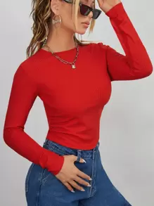 SHEIN EZwear 褶邊螺紋針織短款T恤 - 紅色 - 查看 1