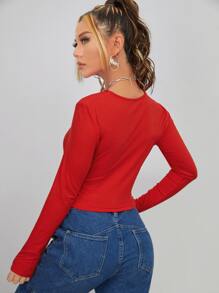 SHEIN EZwear 褶邊螺紋針織短款T恤 - 紅色 - 查看 2