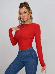 SHEIN EZwear 褶邊螺紋針織短款T恤 - 紅色 - 查看 4