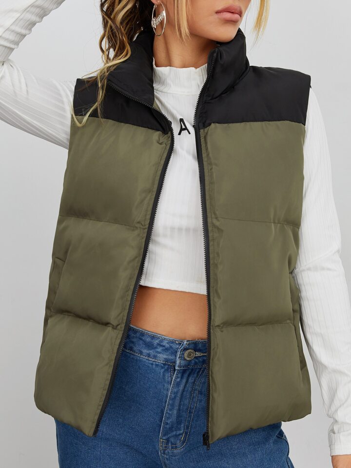 SHEIN ツートーン ジッパーアップ パファーベスト コート