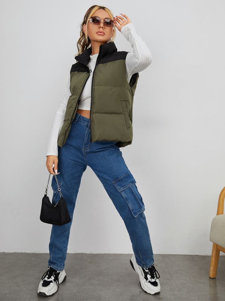 SHEIN ツートーン ジッパーアップ パファーベスト コート