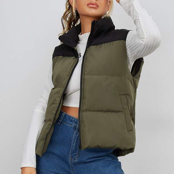 

Two Tone Zip Up Puffer Vest Coat, Army green