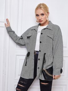 大碼千鳥格腰部抽繩翻蓋細節外套 - 黑與白 - 查看 1