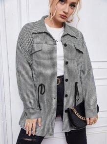 大碼千鳥格腰部抽繩翻蓋細節外套 - 黑與白 - 查看 3