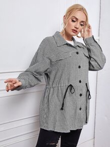 大碼千鳥格腰部抽繩翻蓋細節外套 - 黑與白 - 查看 4