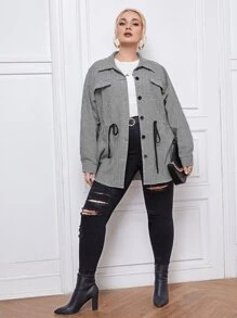 大碼千鳥格腰部抽繩翻蓋細節外套 - 黑與白 - 查看 5