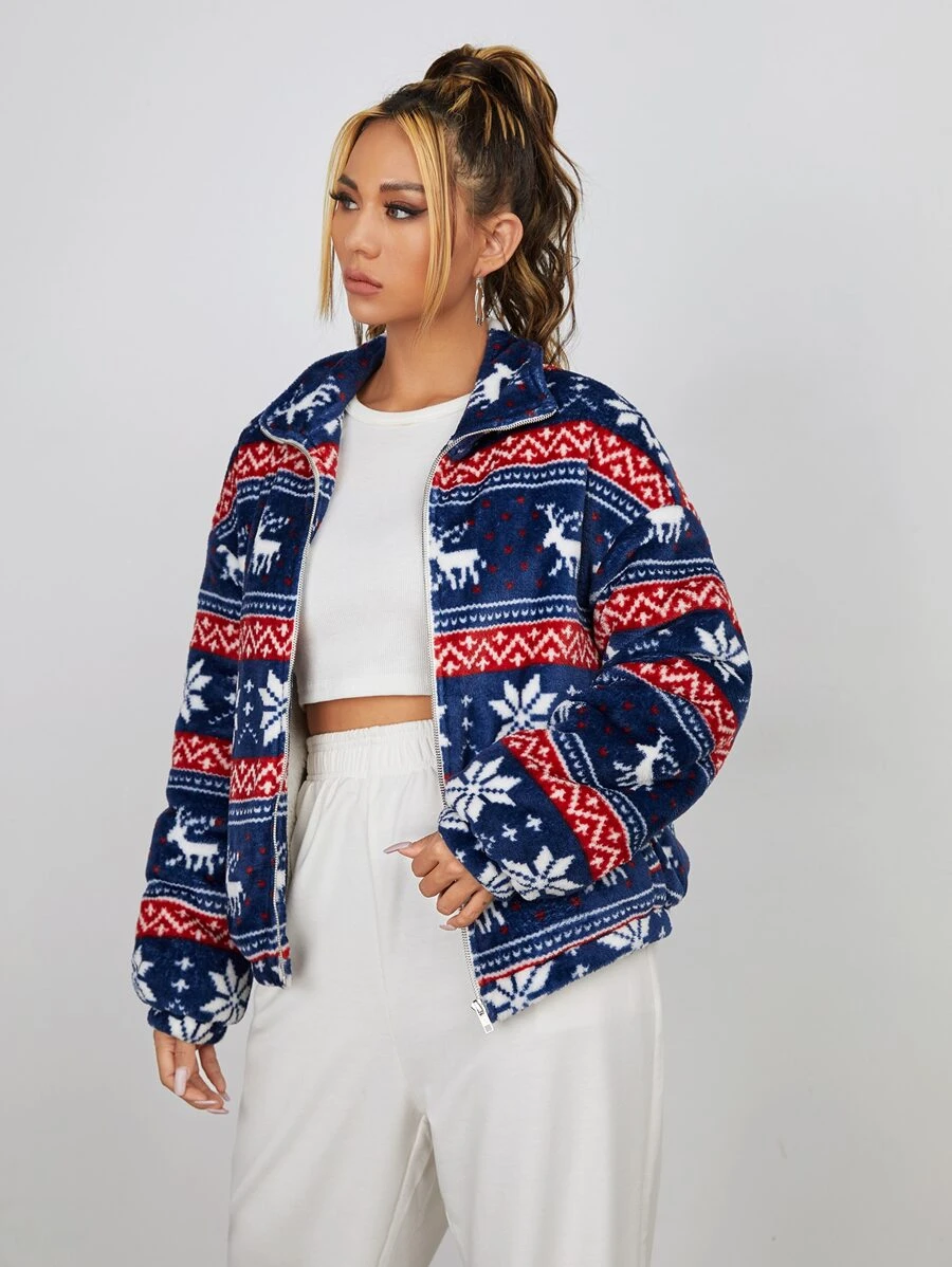 SHEIN Unity Christmas Print Flannel Jacket - Multicolor - View 1