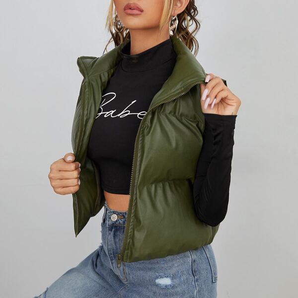 

Zip Front PU Leather Puffer Winter Coat, Army green