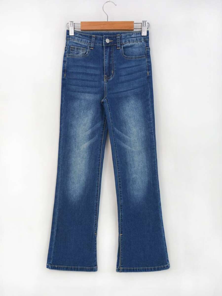 Bé Gái Quần Jeans Nút Túi Denim mùa giặt màu trơn - Rửa tối - Xem 1