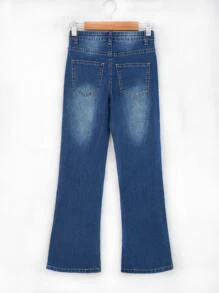 Bé Gái Quần Jeans Nút Túi Denim mùa giặt màu trơn - Rửa tối - Xem 2