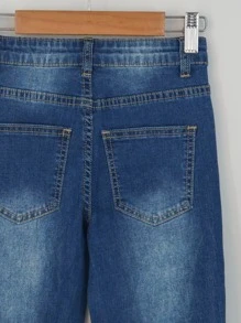 Bé Gái Quần Jeans Nút Túi Denim mùa giặt màu trơn - Rửa tối - Xem 3
