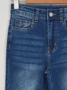 Bé Gái Quần Jeans Nút Túi Denim mùa giặt màu trơn - Rửa tối - Xem 4