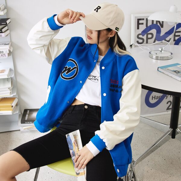 

Letter And Cartoon Embroidery Two Tone Bomber Jacket, Royal blue