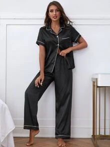 Striped Pocket Front Contrast Piping Satin PJ Set / Pajama Set - Black - View 3