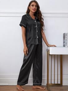 Striped Pocket Front Contrast Piping Satin PJ Set / Pajama Set - Black - View 4