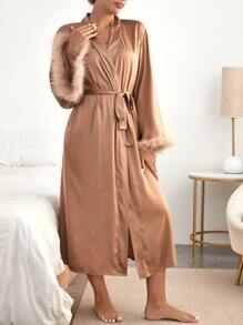 Bộ đồ ngủ Nữ Thắt lưng Tương phản lông thú giả màu trơn Thanh lịch - màu nâu - Xem 3