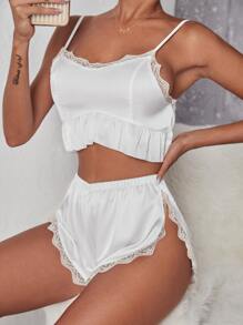 蕾絲邊荷葉邊緞面吊帶上衣和高開叉短褲睡衣套裝 - 白色 - 查看 1