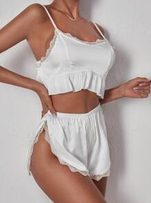 蕾絲邊荷葉邊緞面吊帶上衣和高開叉短褲睡衣套裝 - 白色 - 查看 4