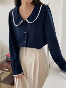 DAZY Peter-Pan Collar Contrast Binding Blouse,Fall Clothes Long Sleeve Top - Navy Blue - View 3