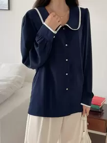 DAZY Peter-Pan Collar Contrast Binding Blouse,Fall Clothes Long Sleeve Top - Navy Blue - View 5
