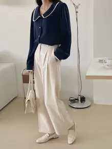 DAZY Peter-Pan Collar Contrast Binding Blouse,Fall Clothes Long Sleeve Top - Navy Blue - View 6