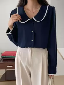 DAZY Peter-Pan Collar Contrast Binding Blouse,Fall Clothes Long Sleeve Top - Navy Blue - View 7