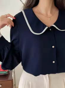 DAZY Peter-Pan Collar Contrast Binding Blouse,Fall Clothes Long Sleeve Top - Navy Blue - View 8