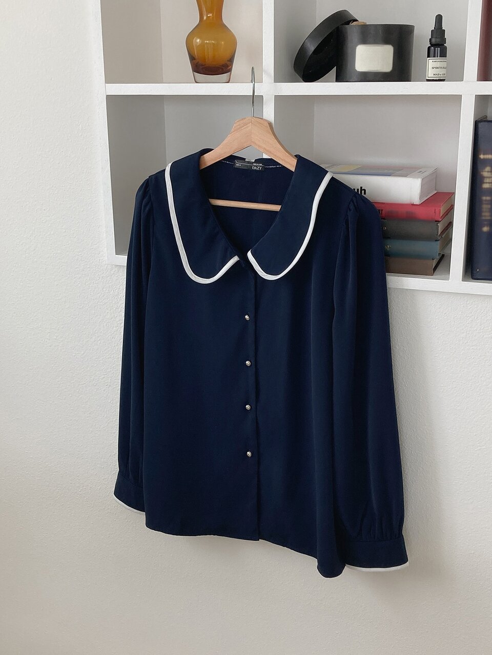 Peter-Pan Collar Contrast Binding Blouse,Fall Clothes Long Sleeve Top