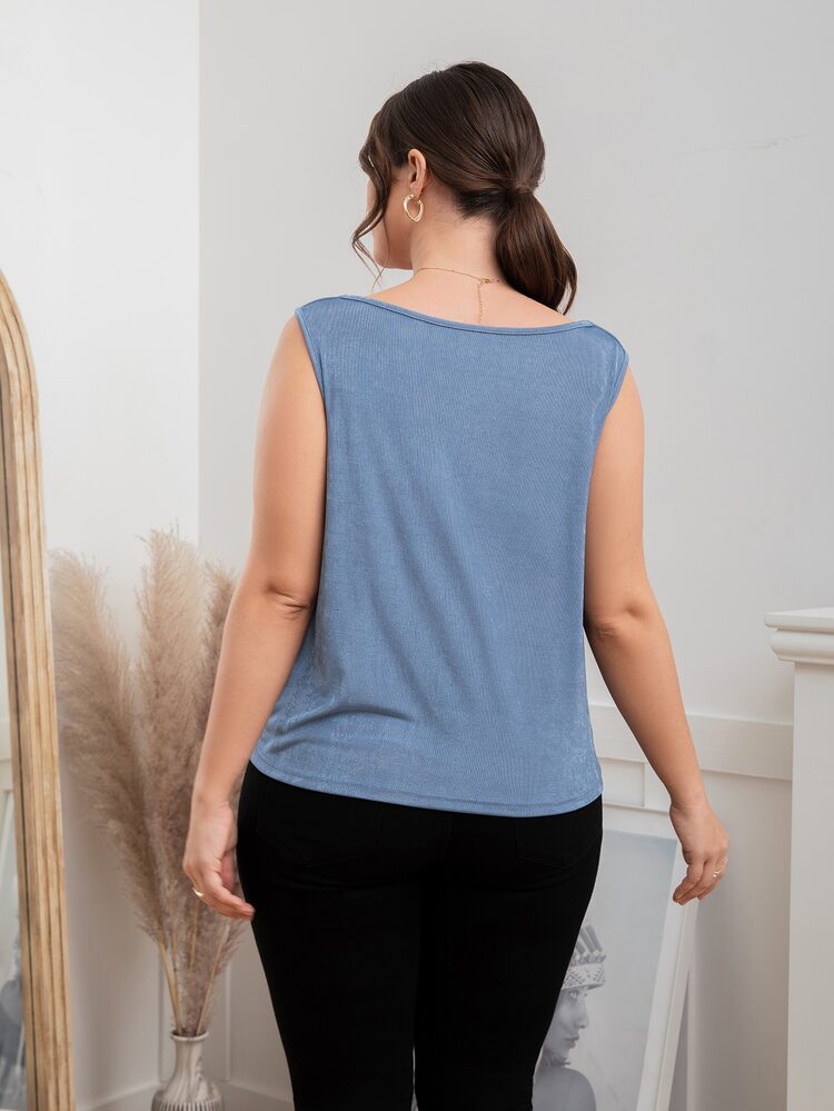 大碼前垂褶素色背心上衣 - 藍色 - 查看 2