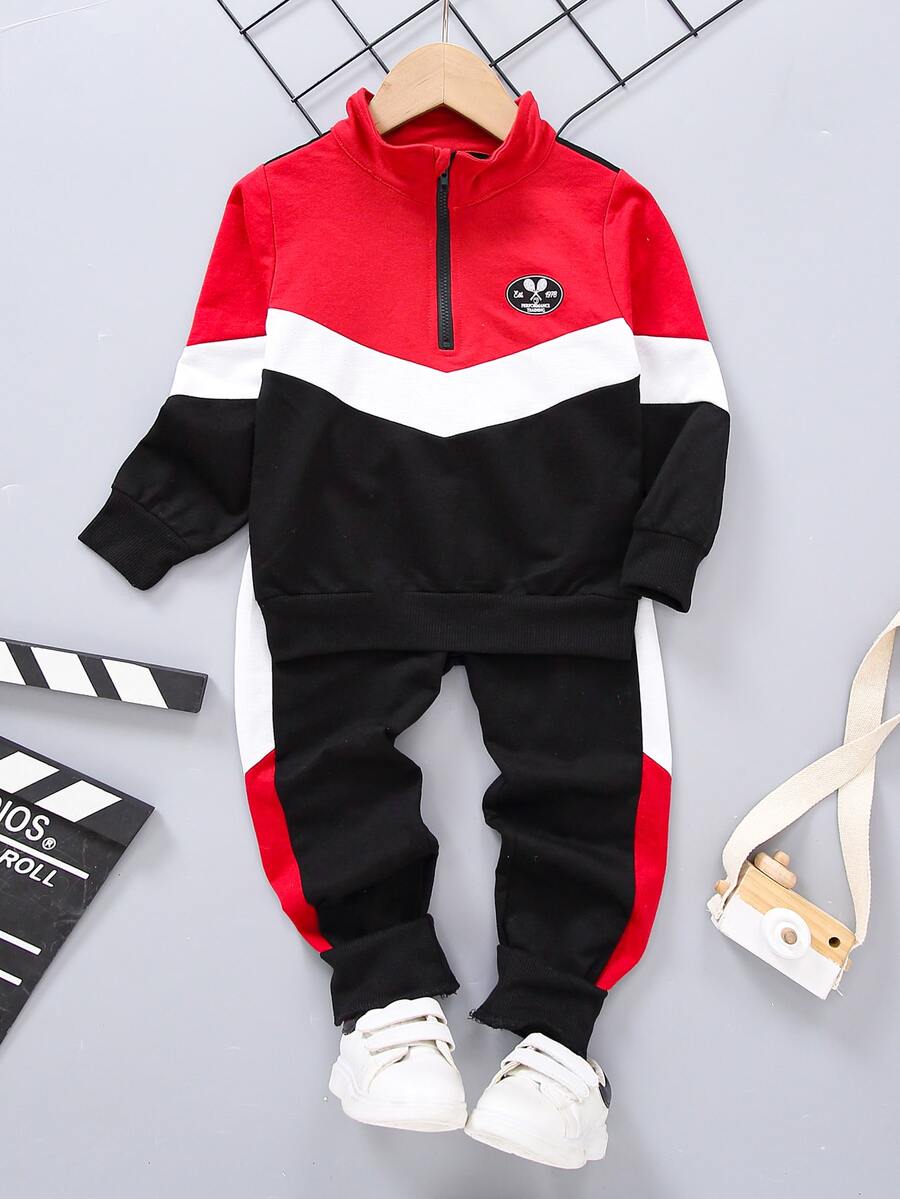 Niñitos de color combinado con cremallera delantera Sudadera & Pantalones deportivos Conjunto - Multicolor - Ver 1