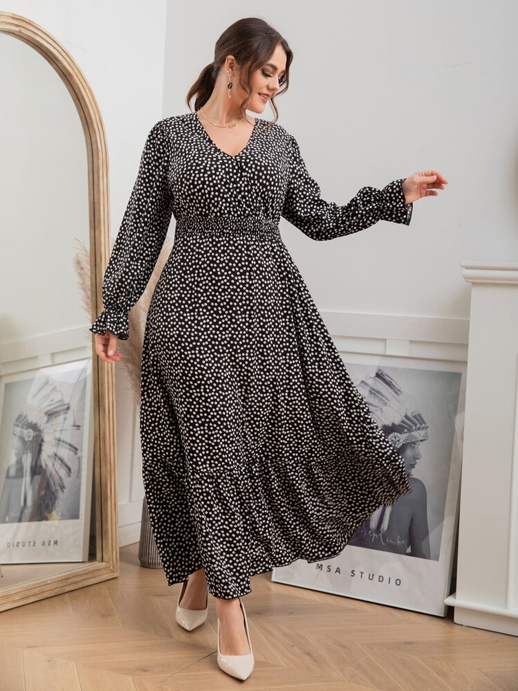 مقاس كبير فستان زهر ديزي اكمام منتفضة خصر مدرز حافة مكشكشة - أبيض وأسود - مشاهدة 1