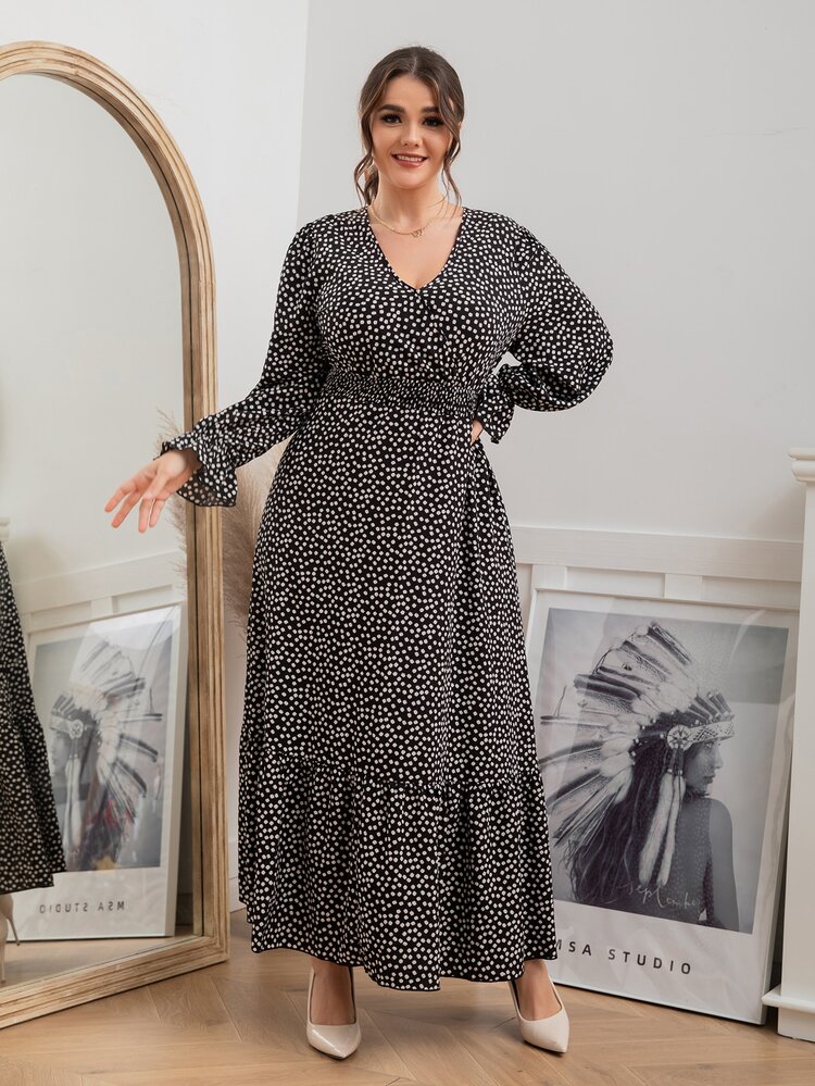 مقاس كبير فستان زهر ديزي اكمام منتفضة خصر مدرز حافة مكشكشة - أبيض وأسود - مشاهدة 3