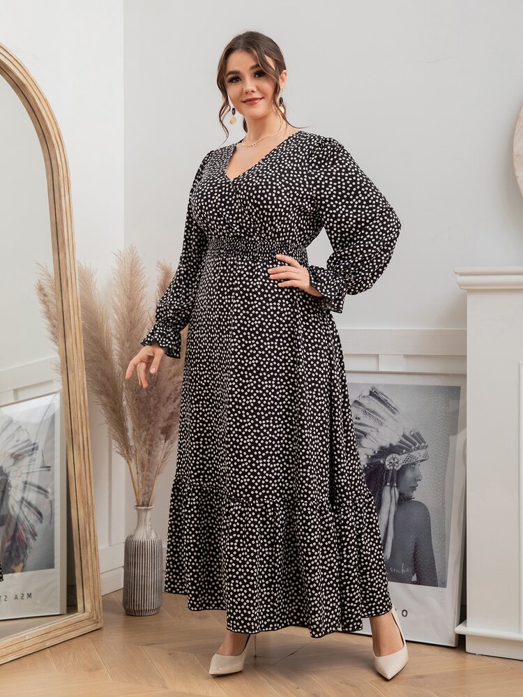 مقاس كبير فستان زهر ديزي اكمام منتفضة خصر مدرز حافة مكشكشة - أبيض وأسود - مشاهدة 5